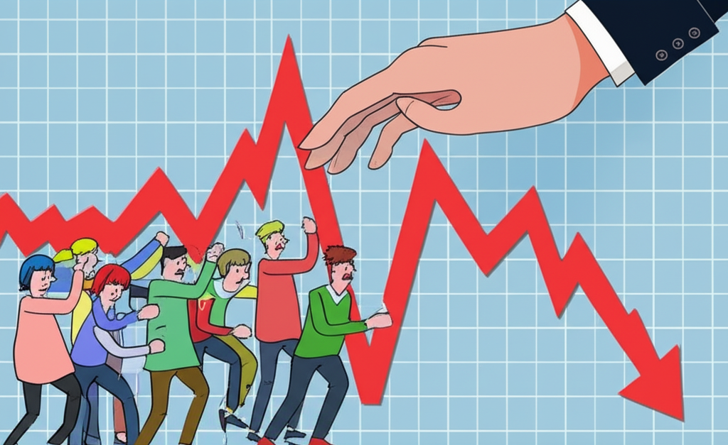 Illustration of the 2015-2016 market crash with the Shanghai Composite Index falling sharply, panicked retail investors, and a large hand symbolizing government intervention
