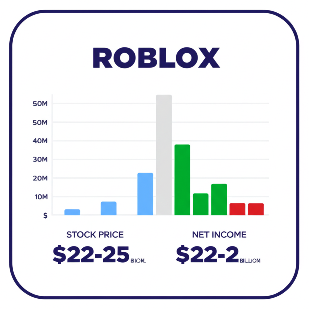 An illustration of a digital dashboard displaying key financial metrics for Roblox, including a bar chart for market capitalization between $22-25 billion, stock price, revenue, and net income, reflecting its current market health.