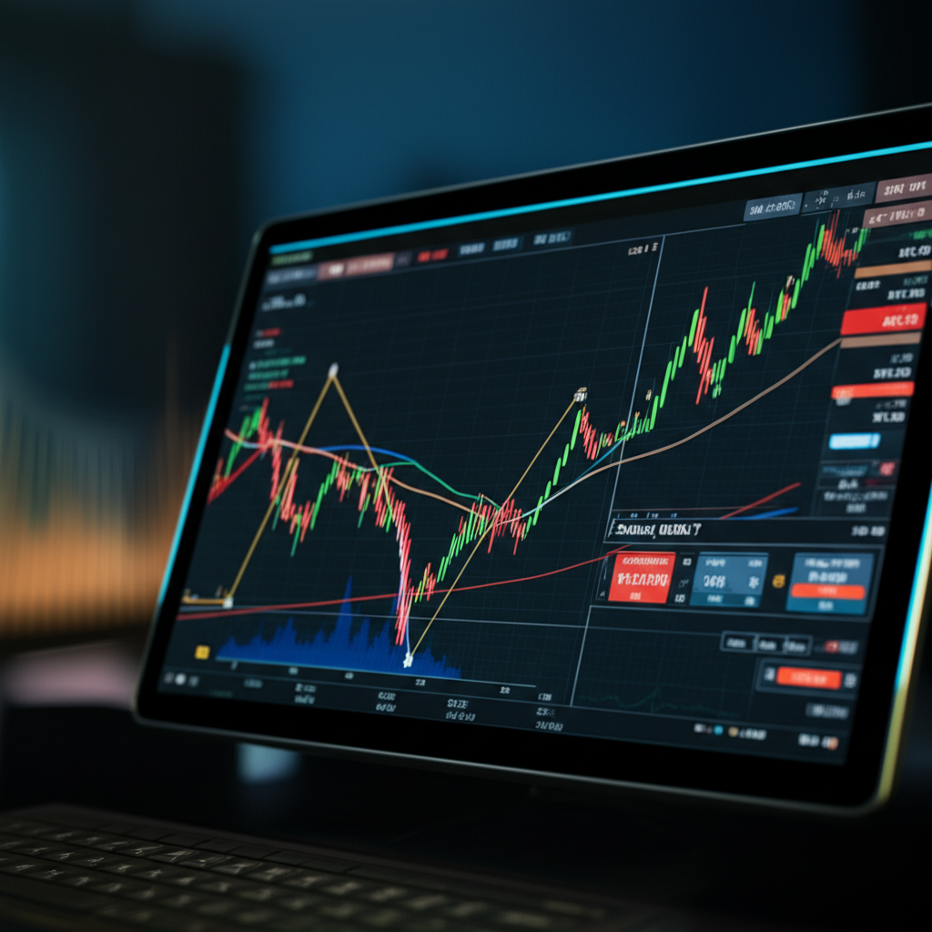Stock market activity for Socionext (6526.T) on the Tokyo Stock Exchange with digital interface showing real-time prices, charts, market cap, P/E ratio, and EPS metrics