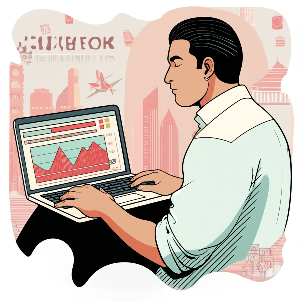 US expat trading forex on laptop in Bangkok, illustration