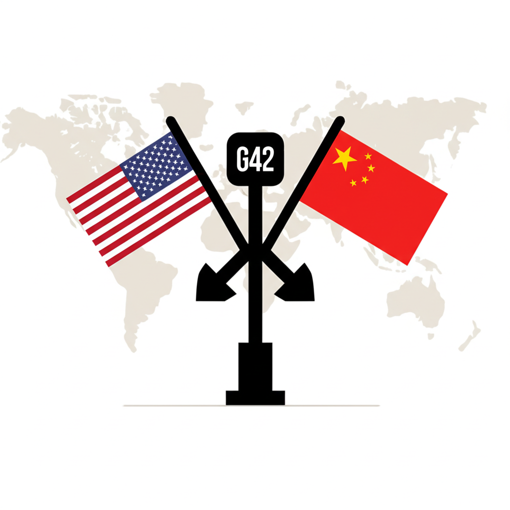Illustration of G42 logo at a crossroads between US and China, symbolizing geopolitical tensions in global tech