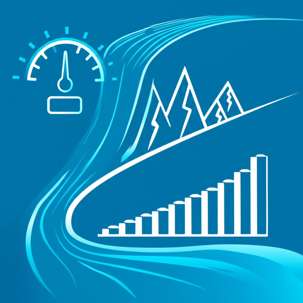 Illustration: Four distinct visual metaphors representing trading indicator categories: a smooth river for trend, a speedometer for momentum, jagged peaks for volatility, and a growing histogram for volume.