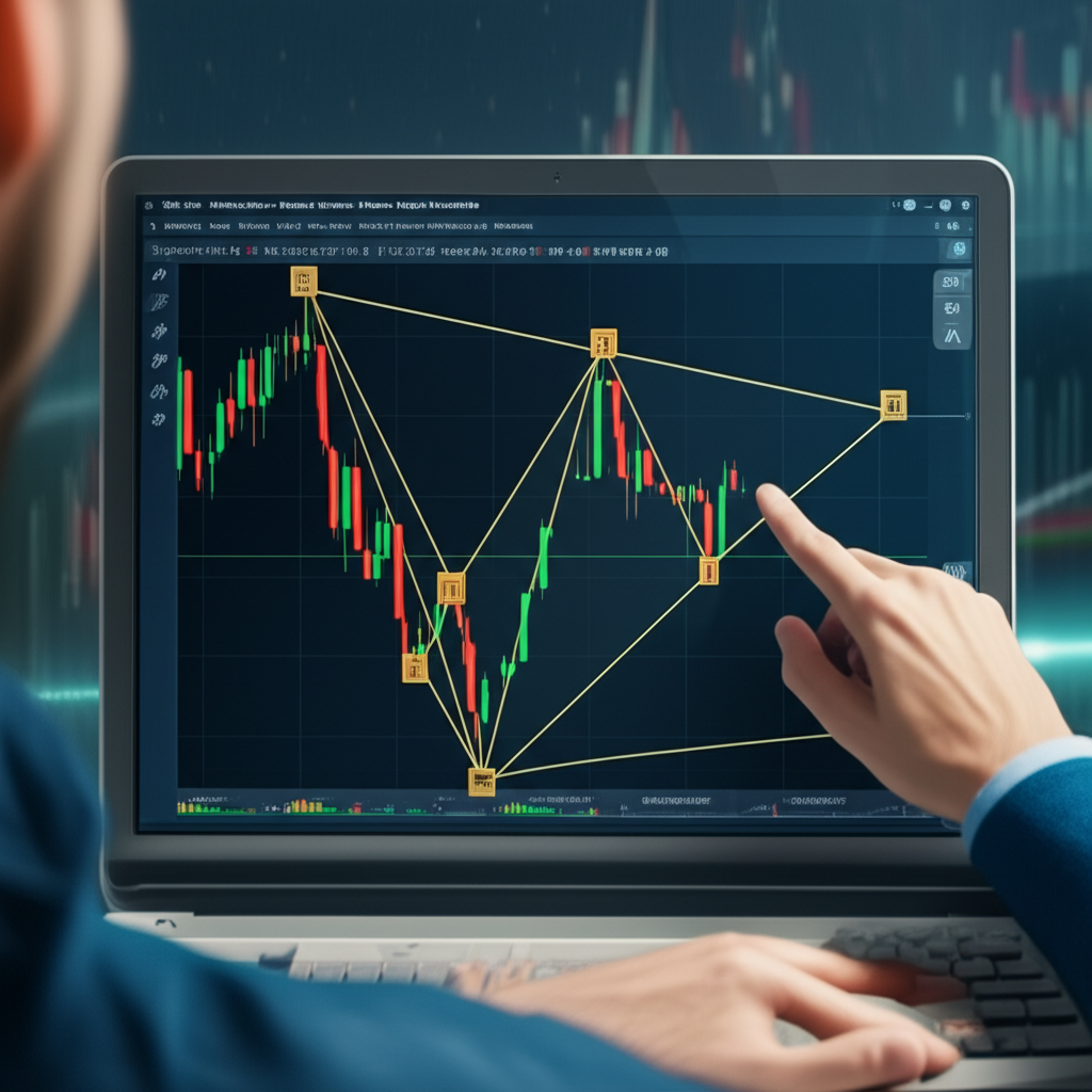 Financial chart with harmonic pattern indicator showing automated geometric patterns, time savings, objective analysis, and early reversal signals