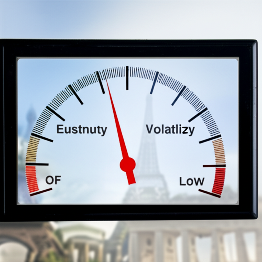 Digital volatility barometer with European landmarks symbolizing market sentiment and uncertainty