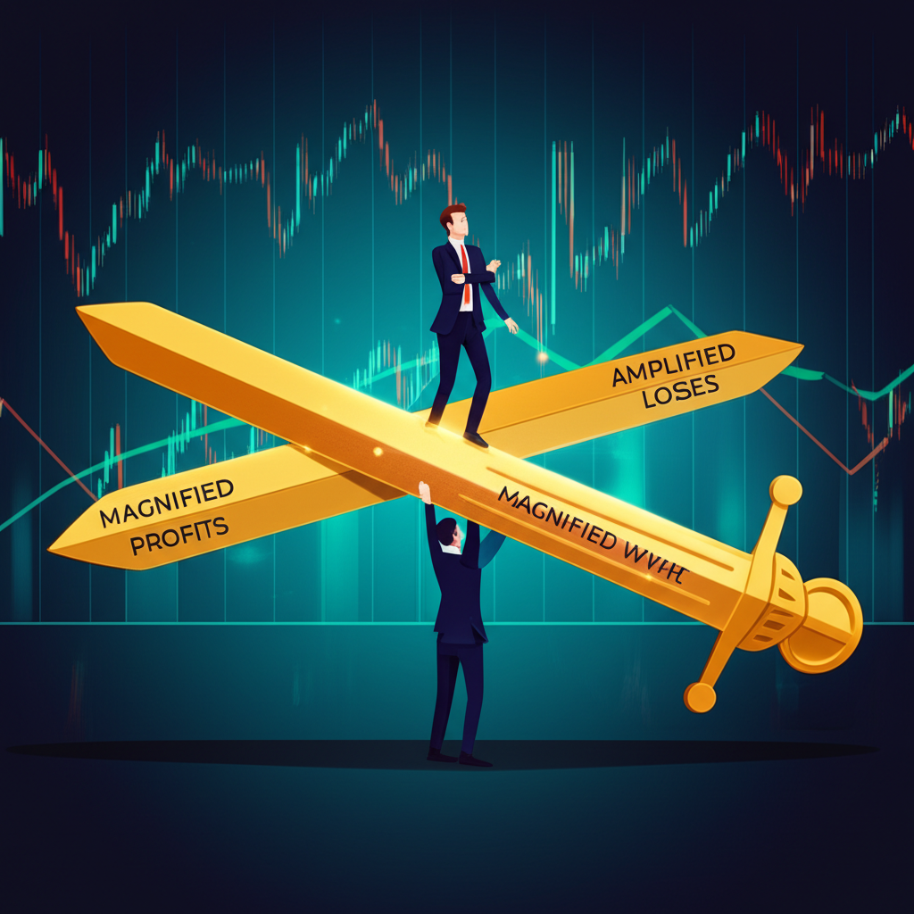 Illustration of a trader balancing a large golden sword labeled 'Magnified Profits' and 'Amplified Losses', symbolizing the dual nature of leverage in forex trading