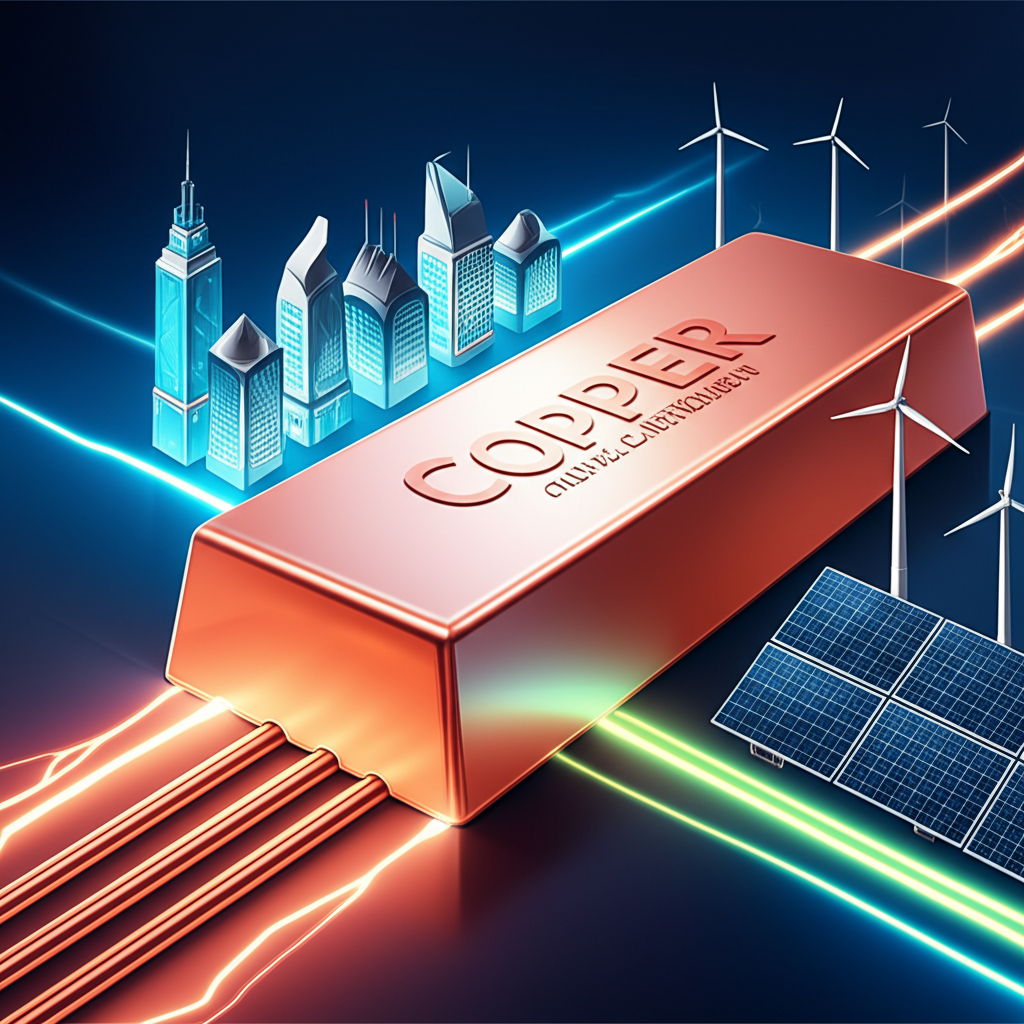 Stylized copper bar with electrical currents connecting to modern infrastructure, smart cities, and renewable energy grids