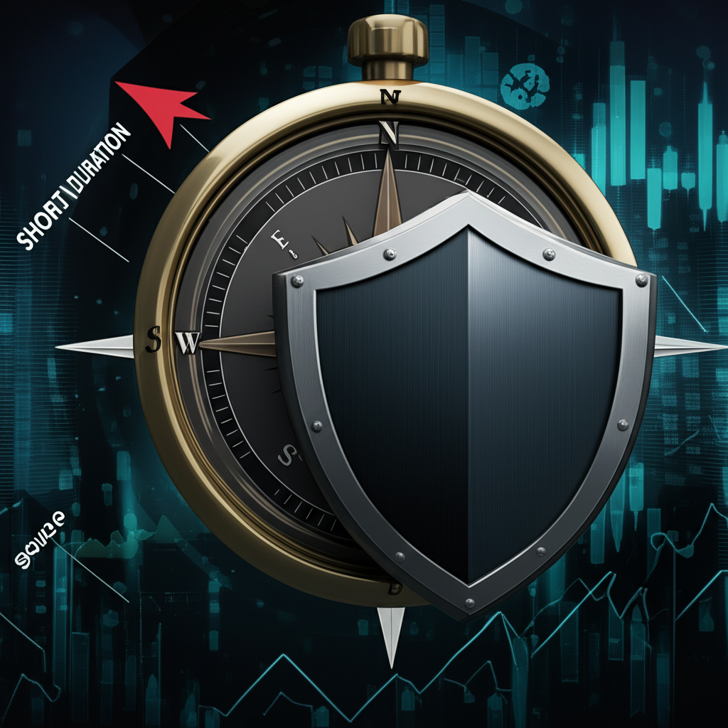 Illustration of a diverse global financial landscape with various bonds, a compass pointing to 'short duration', and a shield symbolizing risk mitigation, for Barings Global Short Duration High Yield Fund (BGH)