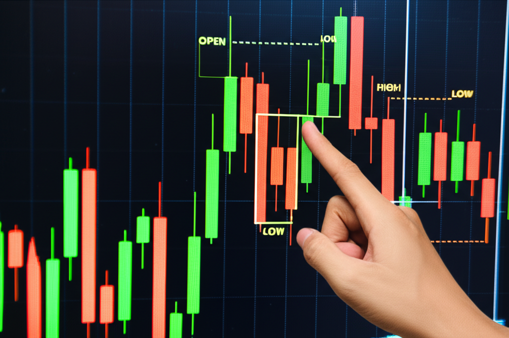 Illustration of a vibrant candlestick chart on a screen, showing green and red candles representing price movements. A hand points to a single candle, emphasizing open, high, low, close.