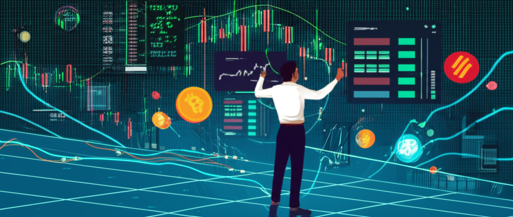 Illustration of a person confidently navigating a dynamic, volatile digital finance landscape with cryptocurrency CFD charts and graphs in the background, symbolizing accessible trading without direct ownership.