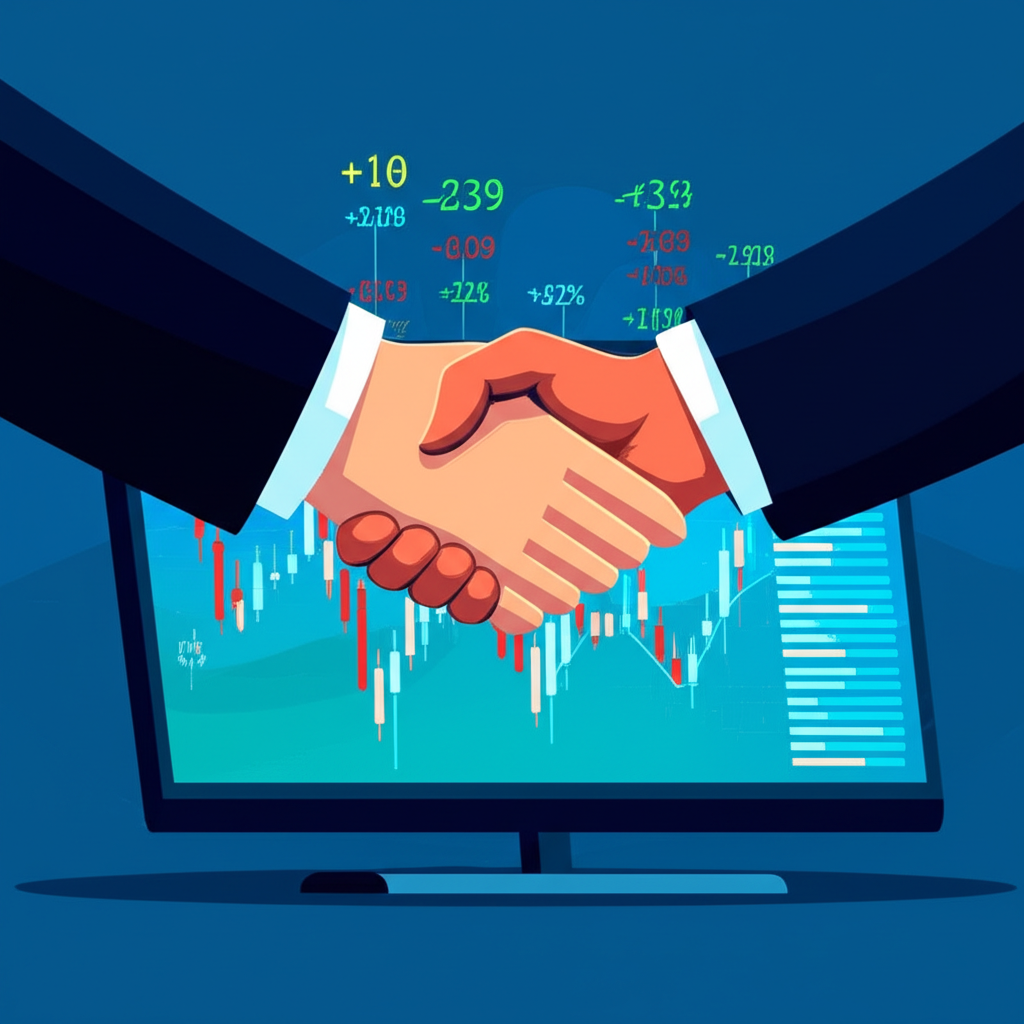 Illustration of two hands shaking over a digital screen showing fluctuating asset prices, symbolizing a 'Contract for Difference' agreement between a trader and a broker, no physical asset