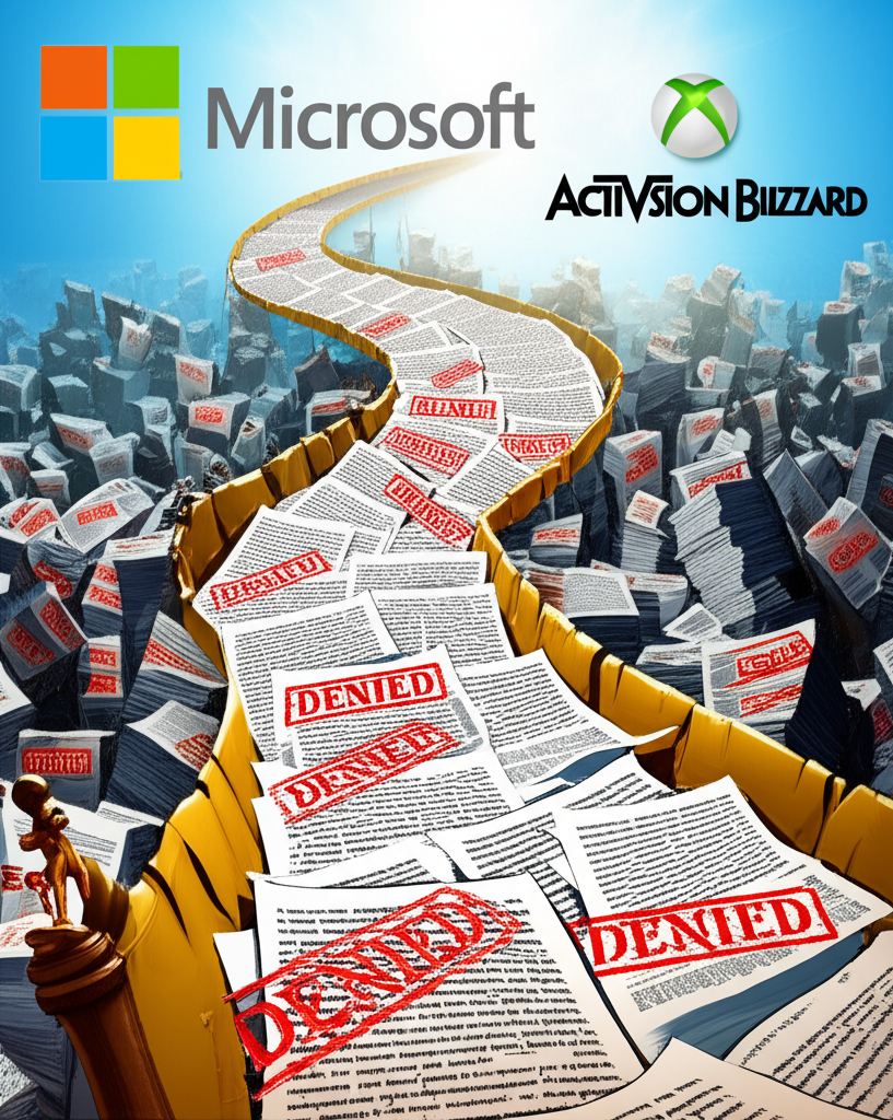 Illustration of a challenging regulatory path with legal barriers leading to a unified Microsoft and Activision Blizzard logo