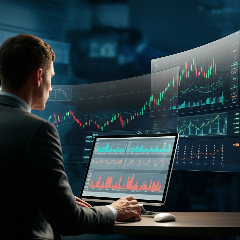 Illustration of a financial analyst examining a dashboard with various stock market charts, highlighting August's historical data showing lower average returns and increased volatility compared to other months