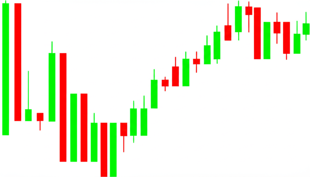 Illustration of abstract financial charts with Renko bricks in green and red, showing filtered market noise and clear trends
