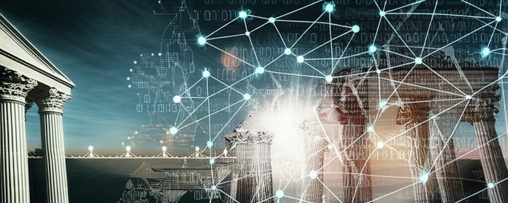 An illustration depicting the dawn of digital assets, showing abstract representations of cryptography and decentralized networks challenging traditional financial systems, with a timeline motif in the background.