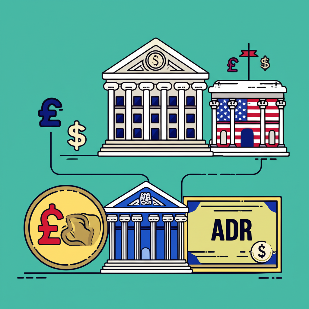 Illustration depicting two distinct stock market avenues: one showing the London Stock Exchange building with GBP currency symbols, and the other showing a US OTC market with USD symbols and an ADR certificate