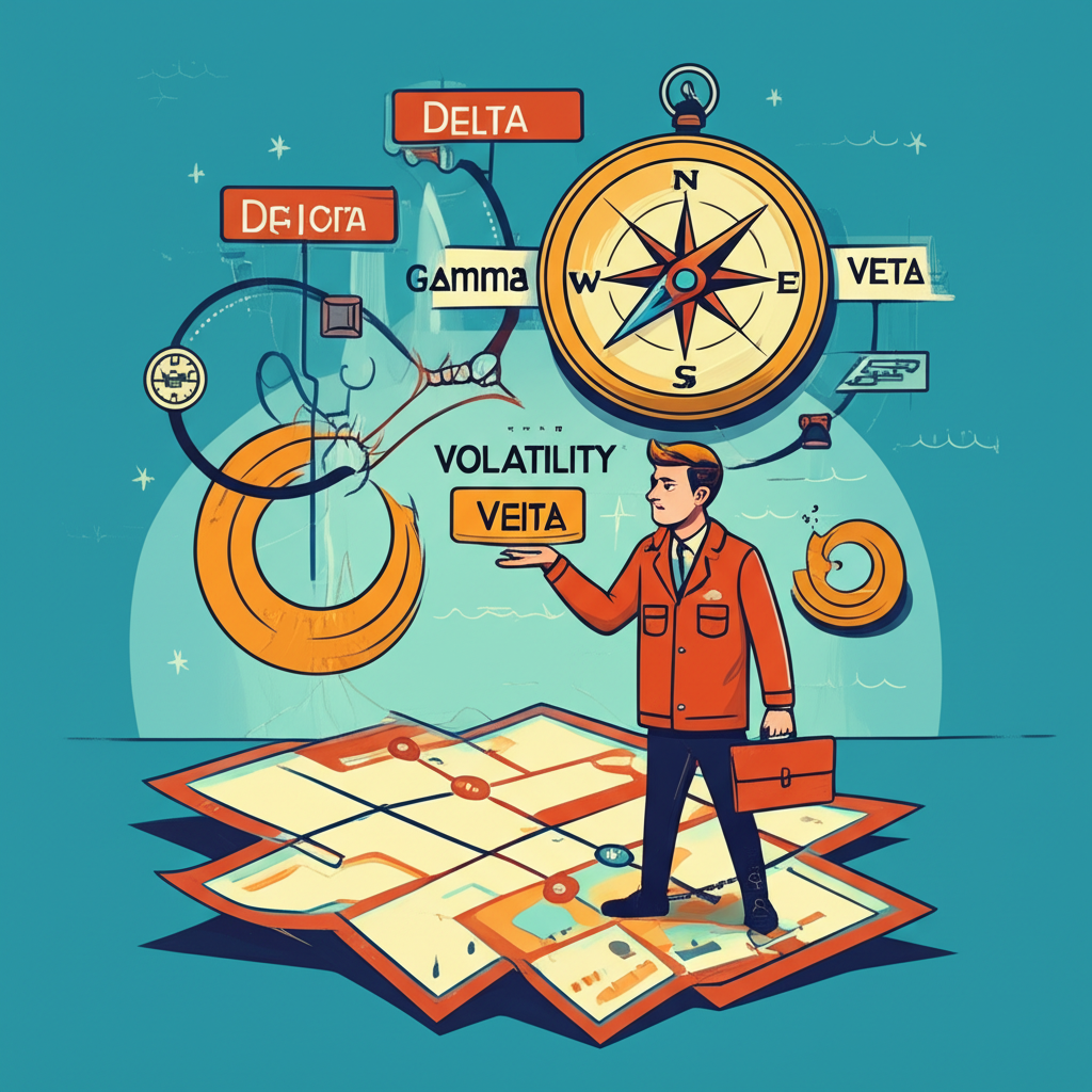 Trader navigating financial landscape with Options Greeks as a compass and map, illustrating guidance through complex pricing factors like price movement, time, and volatility