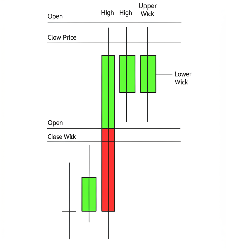Detailed illustration of a single candlestick's anatomy, clearly labeling its real body (green/red), upper wick, lower wick, open, high, low, and close prices.