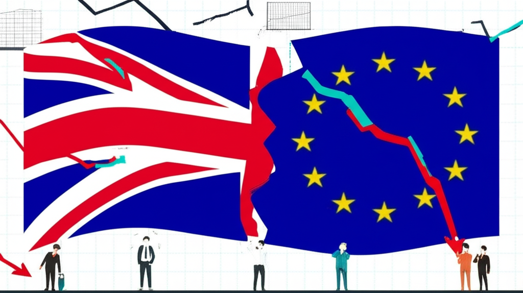 Illustration of UK separating from EU with falling economic graphs and worried investors