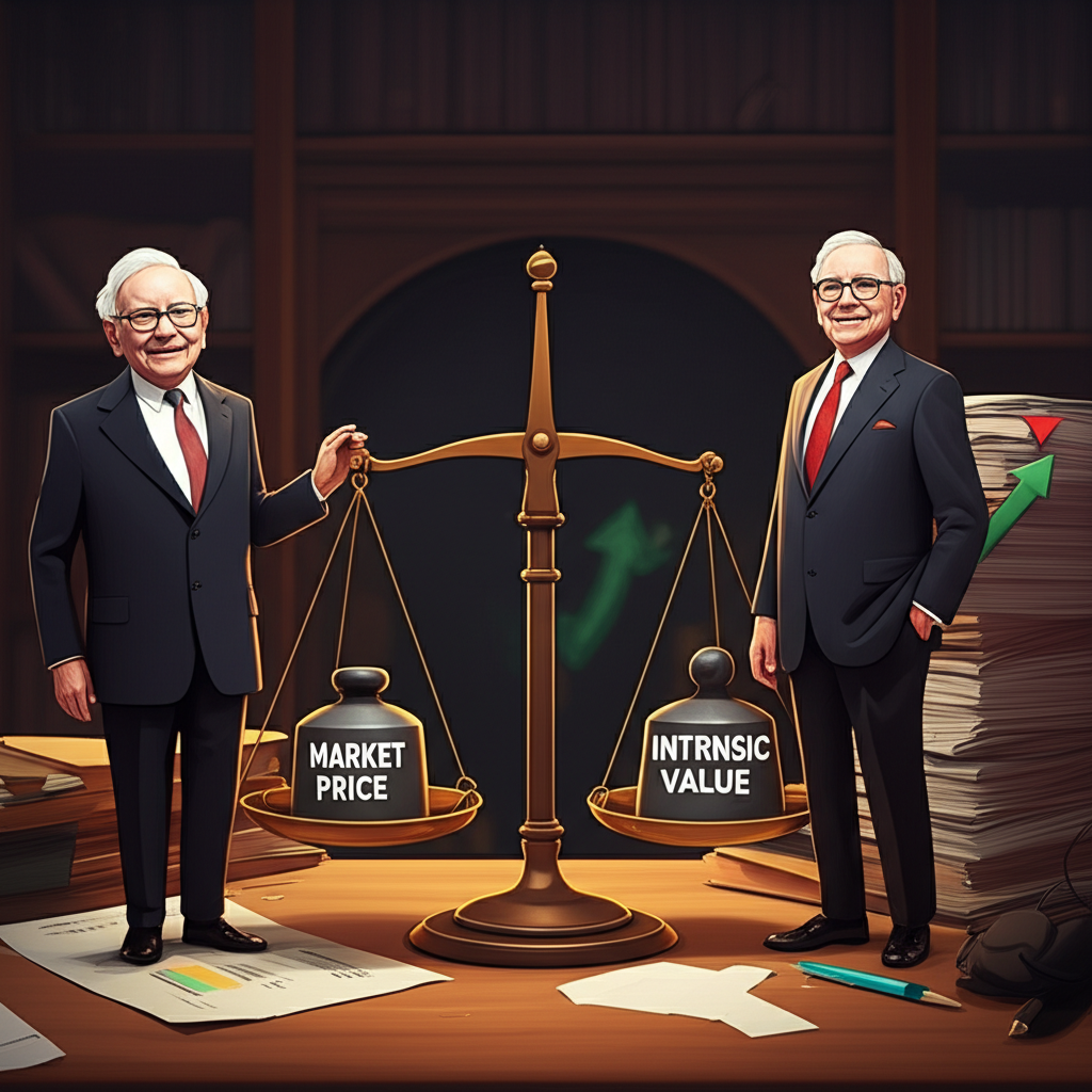 Benjamin Graham and Warren Buffett balancing market price against intrinsic value on a scale in an academic setting
