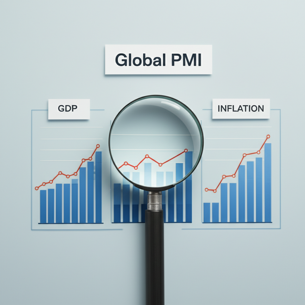 Magnifying glass over economic charts showing GDP, employment, and inflation with Global PMI as a leading indicator