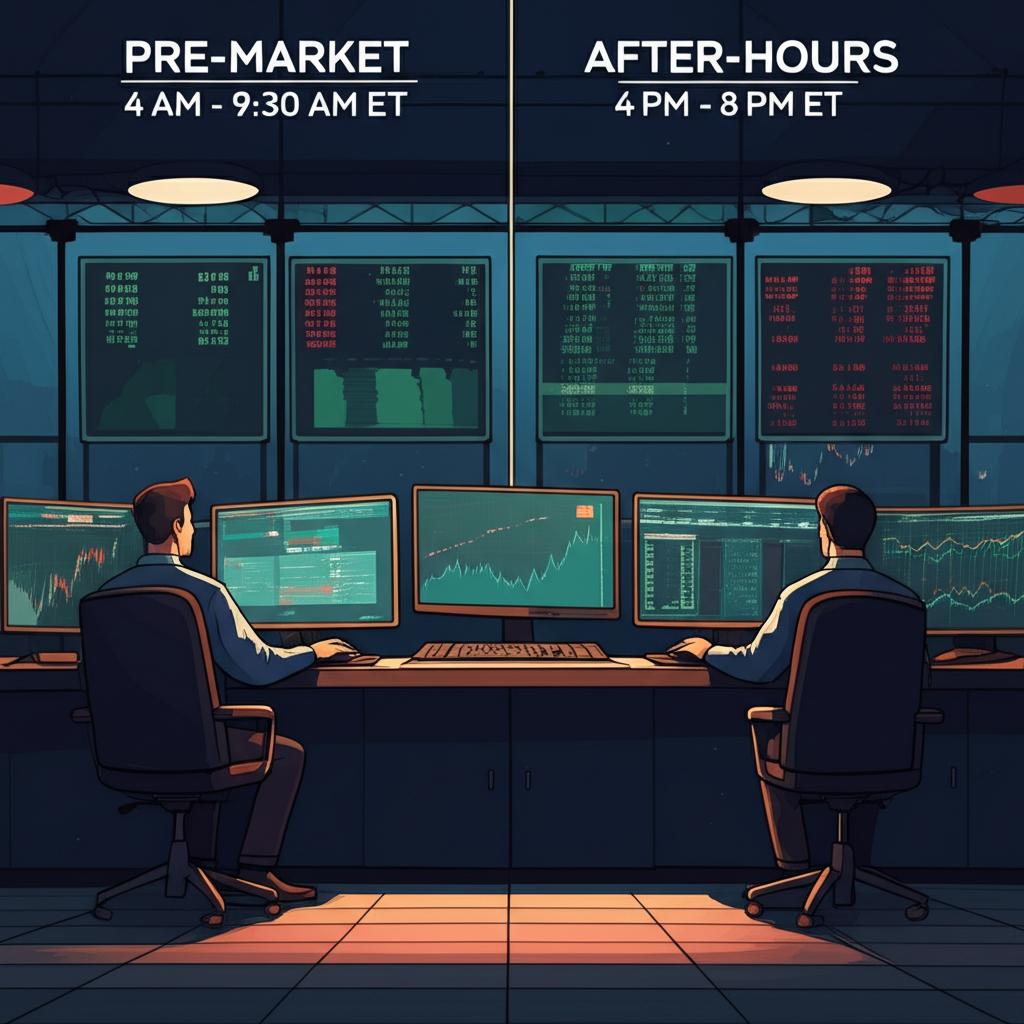 Illustration contrasting low-activity pre-market and after-hours trading with wider spreads and limited order flow