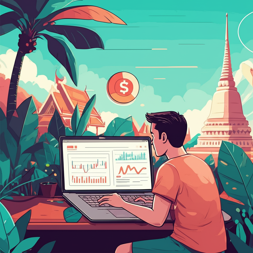 Digital nomad managing investments in Thailand, illustration