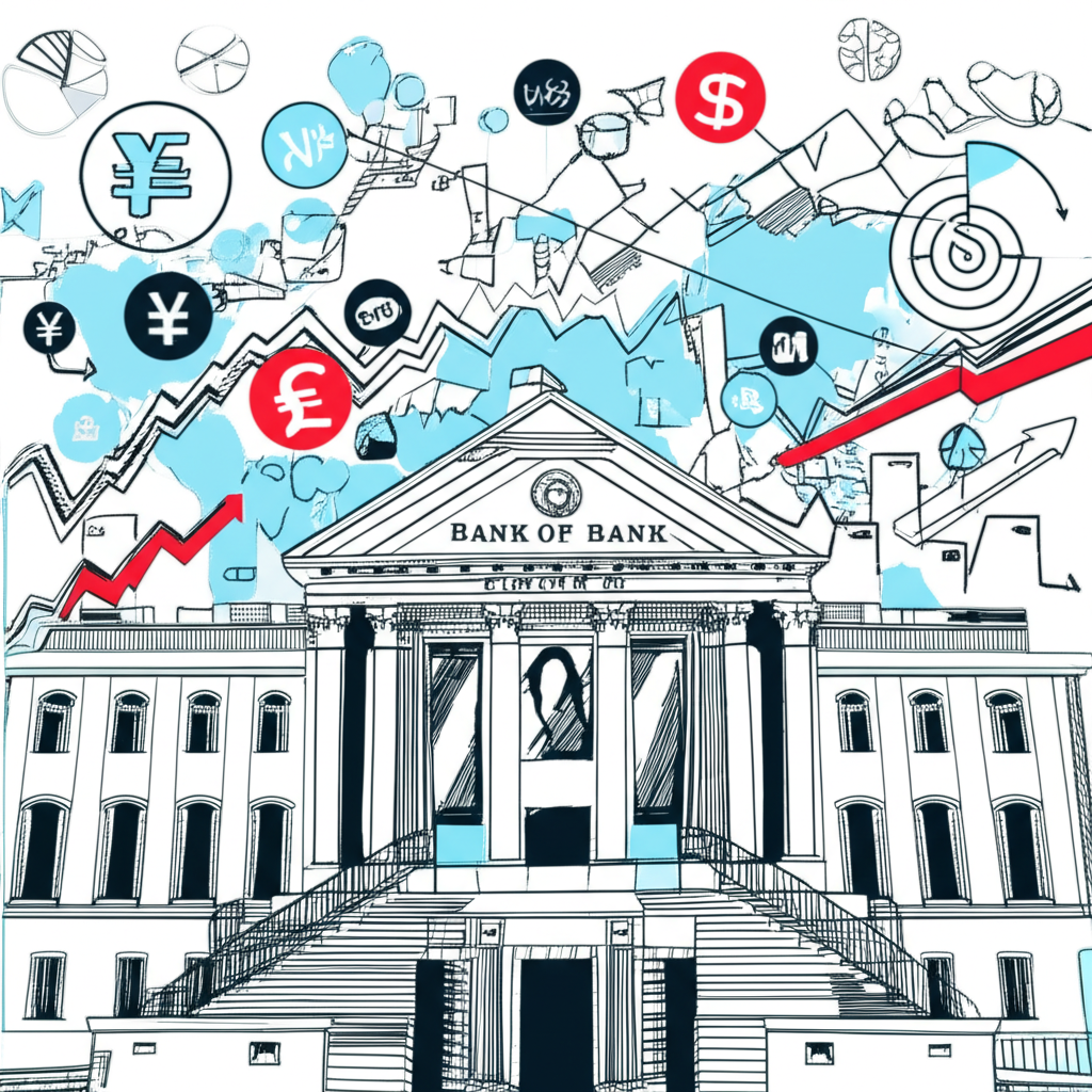 Illustration of the Bank of Japan building with financial charts and global market indicators, symbolizing its economic influence