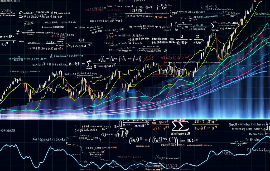 Illustration of abstract mathematical formulas transforming into visual charts with lines and patterns, representing TradingView indicators distilling complex market data into interpretable trends and trading opportunities.