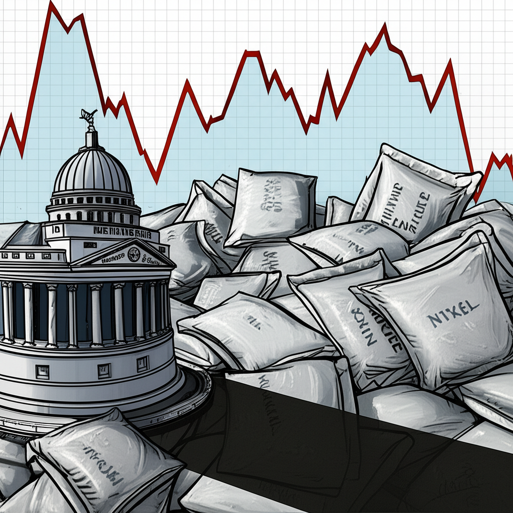 Illustration depicting the London Metal Exchange (LME) building casting a long shadow over a pile of fake nickel bags, symbolizing intensified scrutiny. Market volatility charts are in the background, showing sharp dips. Focus on oversight and systemic issues, illustration style.
