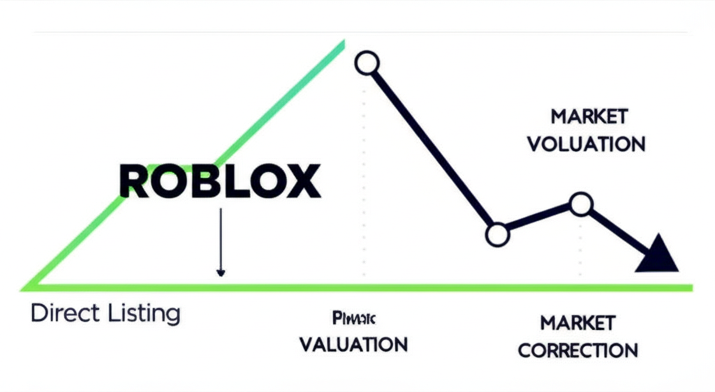 An illustration depicting Roblox's stock market journey, starting with a direct listing event, showing a peak valuation graph, followed by a market correction, and then stabilization, symbolizing its volatile yet resilient history.