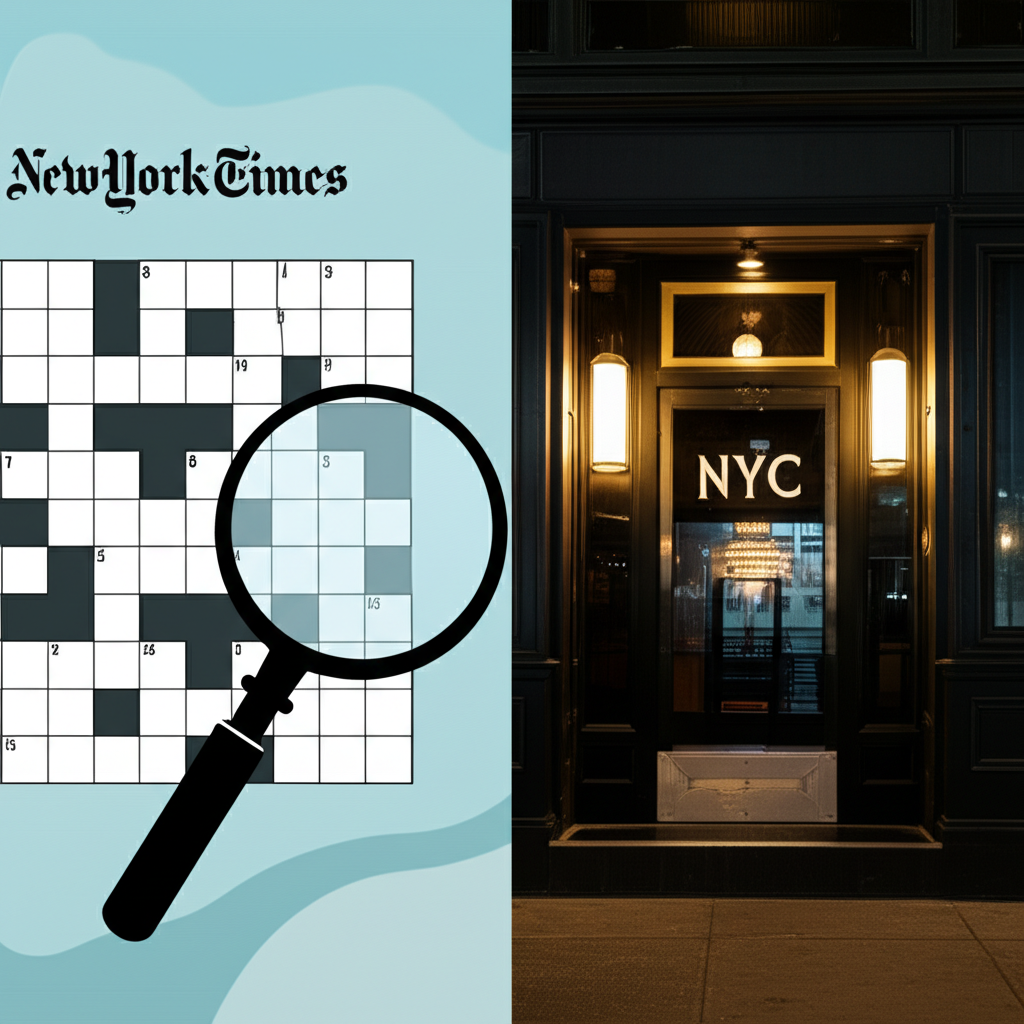 Split screen illustration showing a NYT crossword puzzle on one side and a stylish NYC bar entrance at night on the other, representing the dual meaning of 'opto- nyt'
