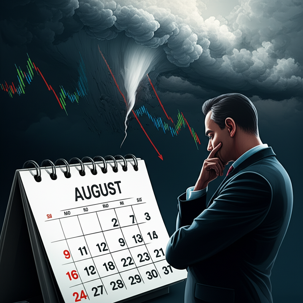 Illustration of a calendar showing August, with storm clouds looming over downward-trending stock charts, and a thoughtful investor observing the scene, symbolizing market unease and volatility