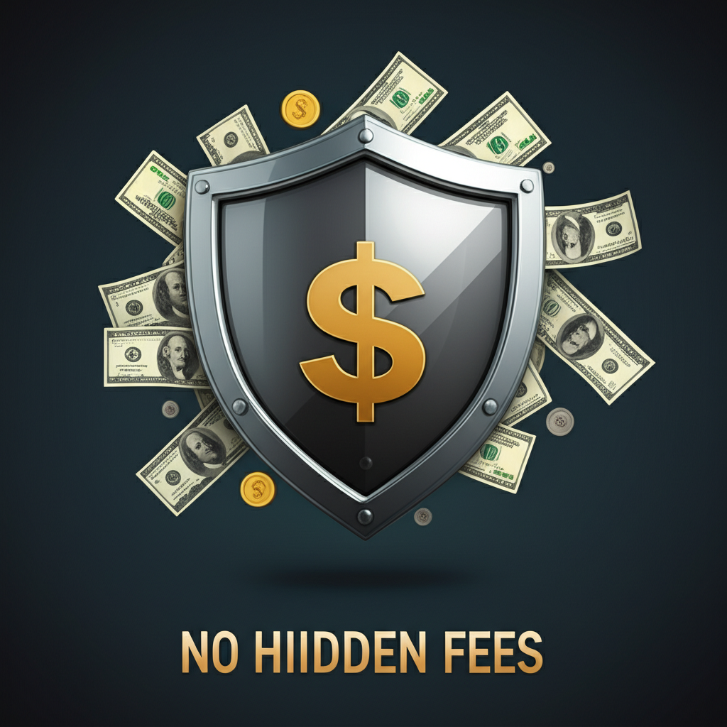 Illustration of financial security with shield protecting money and transparent fee structure