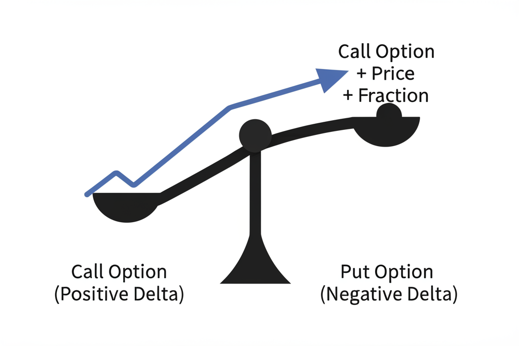 Balance scale showing underlying stock price rising and call option value increasing proportionally, illustrating Delta as a directional gauge with positive values for calls and negative for puts