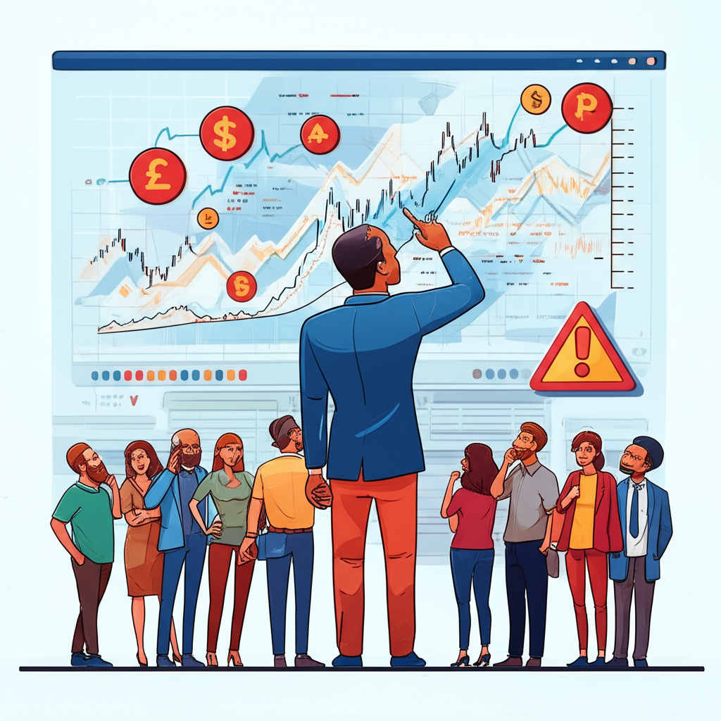 Illustration of diverse traders facing a complex financial chart, global market symbols, and a subtle warning sign, representing CFD online trading's allure and risks
