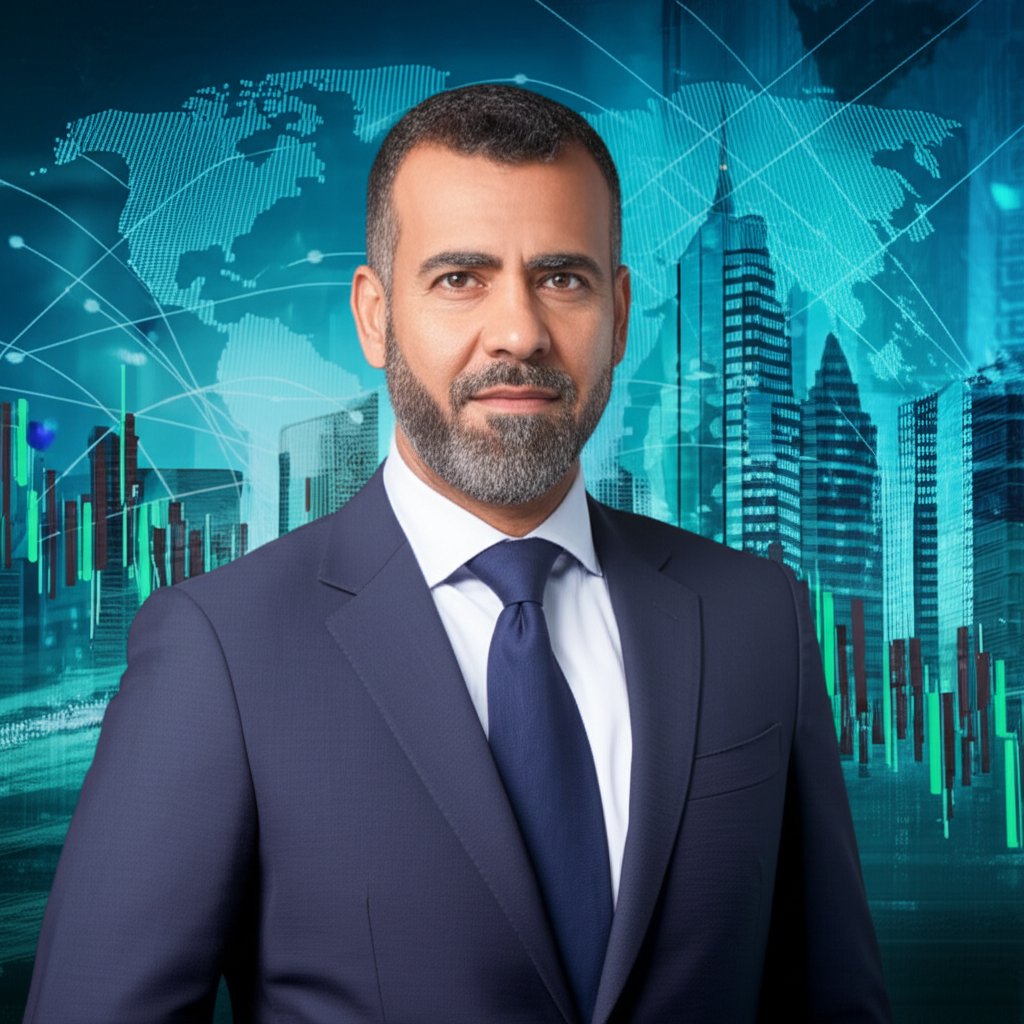 Boaz Nagar, a prominent financial executive, standing confidently against a backdrop of global financial markets, symbolizing his expertise in investment strategies and leadership