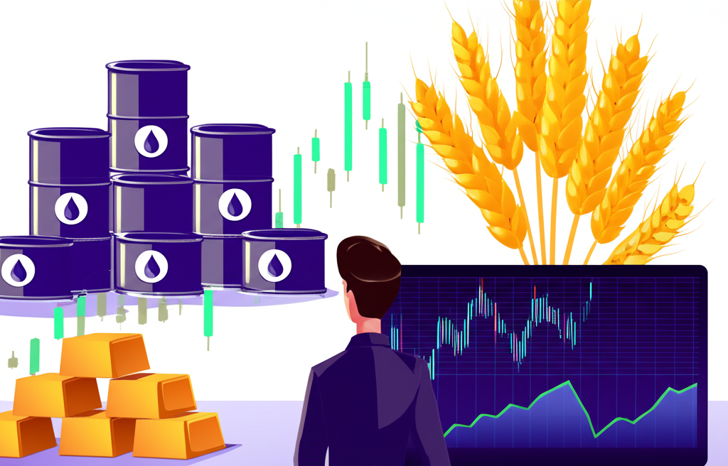 Illustration of diverse commodities like oil barrels, gold bars, and wheat stalks, symbolizing global economy and investment diversification, with an investor looking at a dynamic market chart