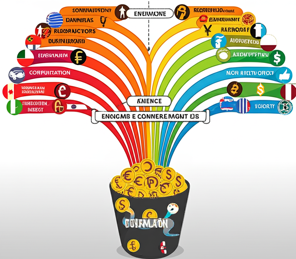 Global financial illustration showing emerging market currencies flowing into an ETF basket, symbolizing foreign exchange exposure and diversified bond holdings