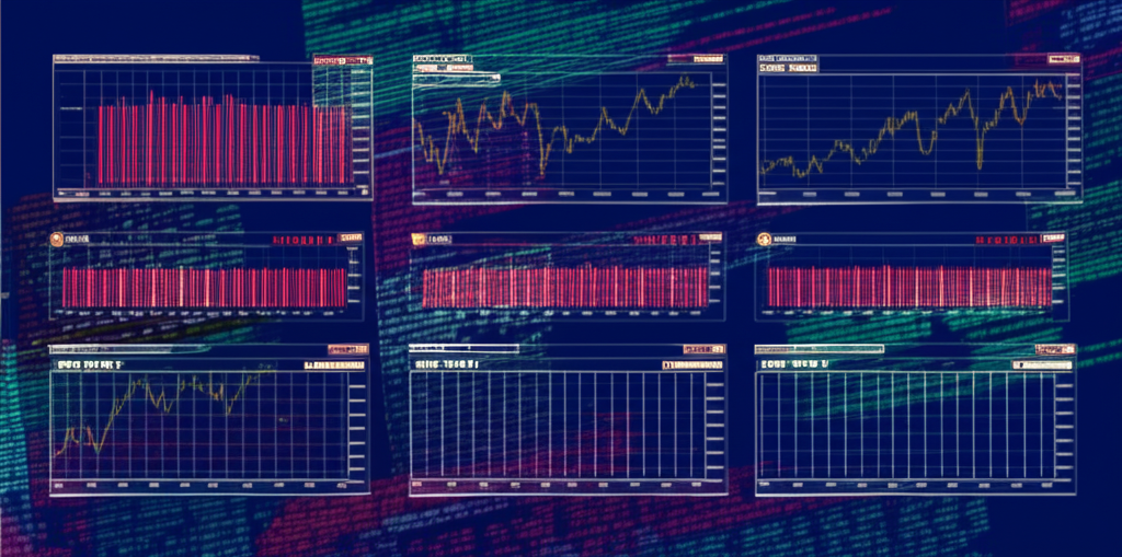 Algorithmic trading dashboard with code snippets, market charts, and US flag elements
