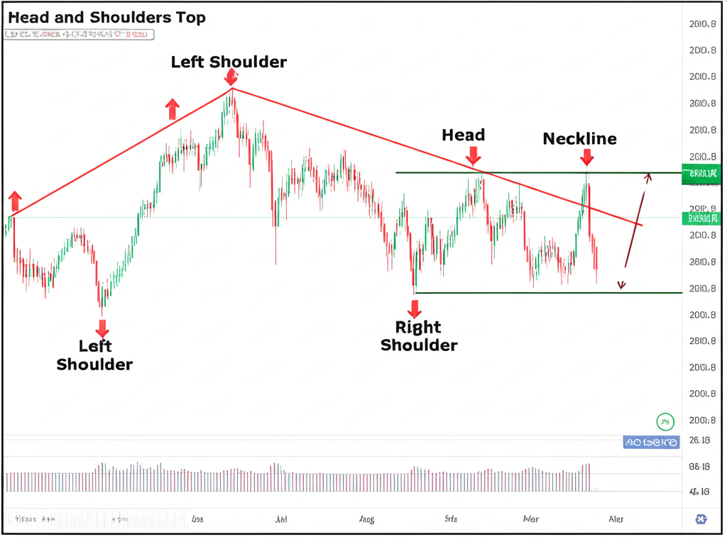 Detailed chart showing the Head and Shoulders Top pattern with labeled components: Left Shoulder, Head, Right Shoulder, and Neckline, along with directional arrows and volume indicators