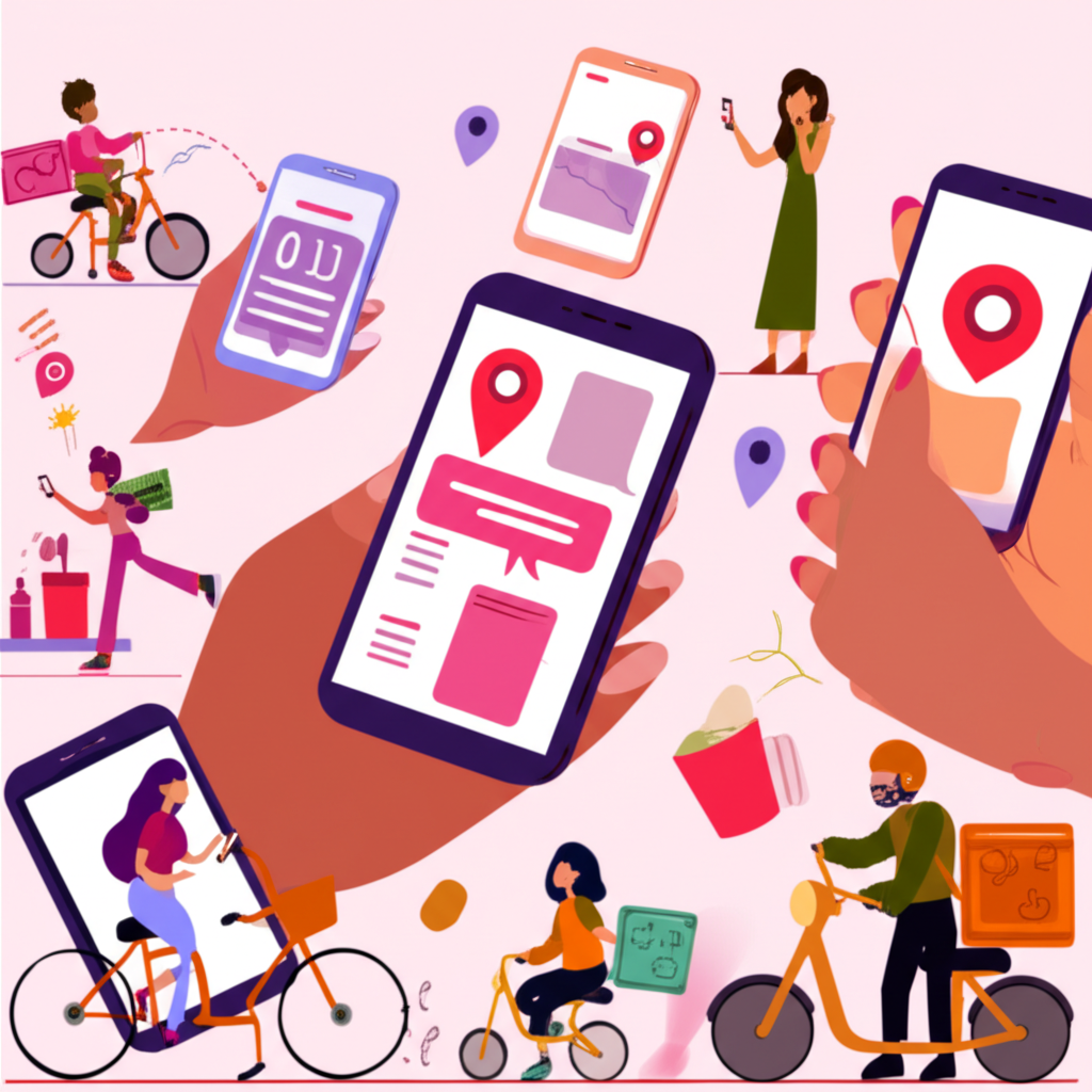 Illustration of consumers using smartphones to order food with delivery couriers in motion, representing convenience, digital engagement, and the gig economy