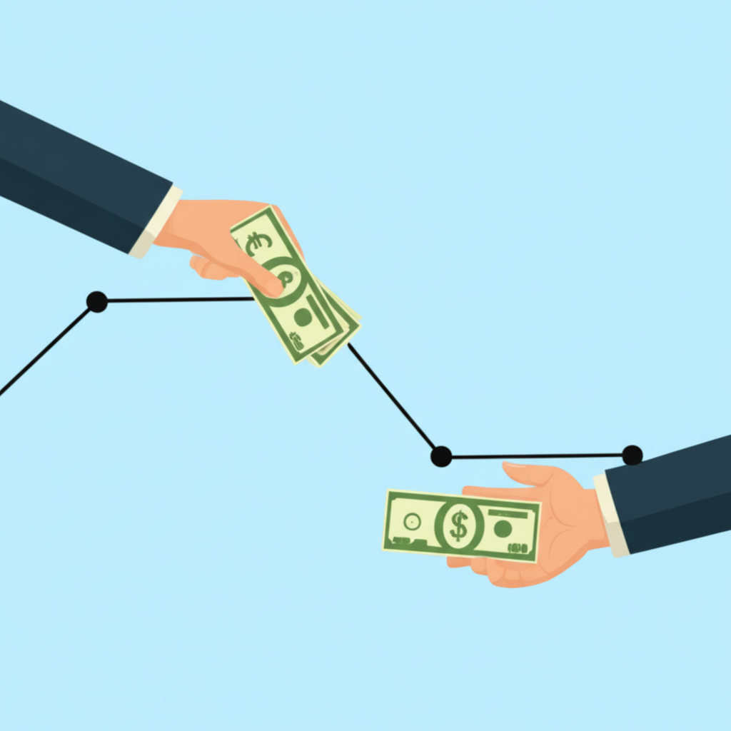 Illustration of two hands exchanging currency notes, one hand selling at a high point on a graph and the other buying at a lower point, with Euro and Dollar symbols. Clear 'sell high, buy low' concept, illustration style.
