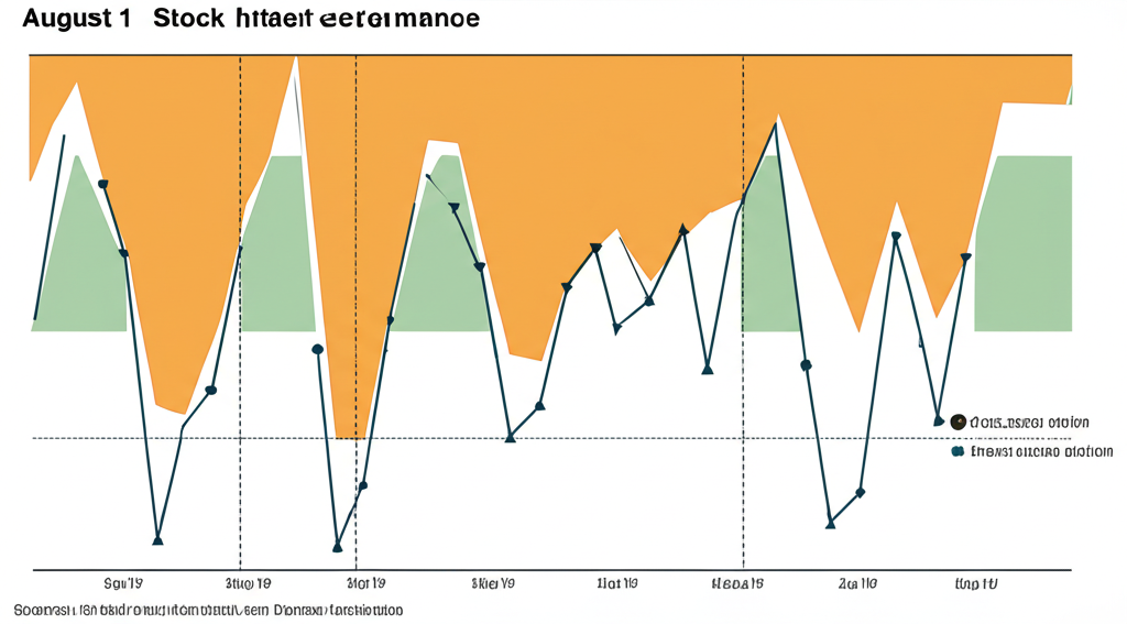 Illustration depicting a timeline of stock market performance over several decades, with August sections showing consistent patterns of muted gains or slight losses and noticeable spikes in market choppiness