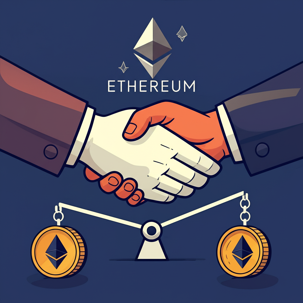 Illustration of a handshake over a contract with Ethereum symbols and a lever showing small capital controlling a larger position