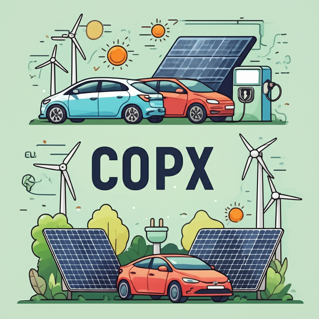 Illustration of a diverse investment portfolio with COPX representing copper miners, surrounded by EVs, solar panels, and wind turbines, symbolizing the green energy transition