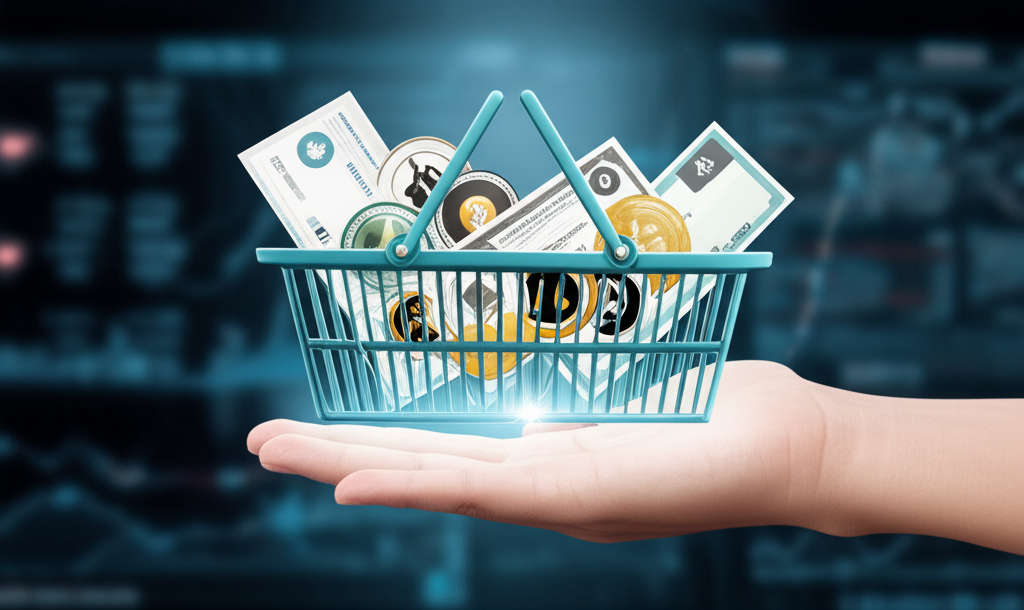 Digital basket filled with stock certificates and digital coins being processed on a trading platform for efficient portfolio management