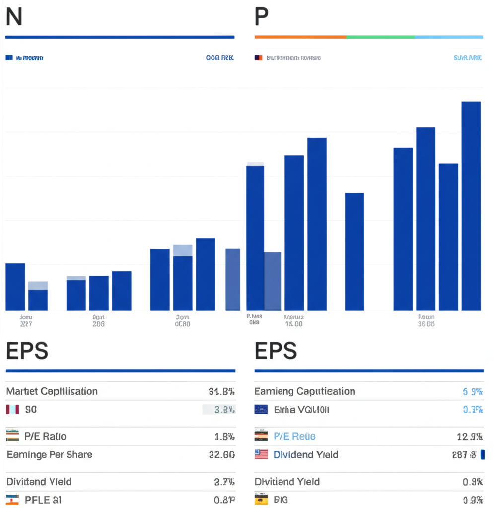 Financial dashboard displaying Nokia stock metrics including market cap, P/E ratio, EPS, and dividend yield