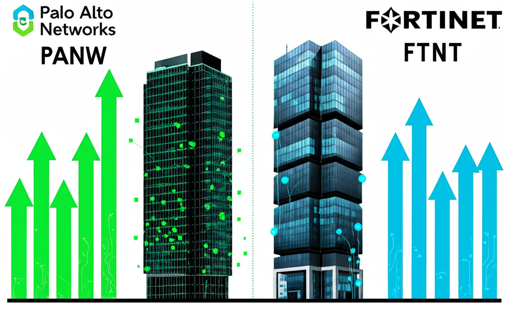 Illustration of Palo Alto Networks and Fortinet corporate towers showing differing Q1 FY25 financial growth trajectories