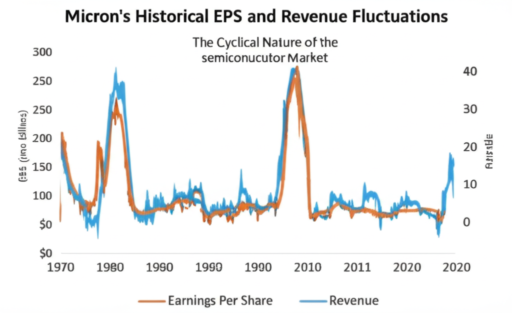 Line graph showing Micron's historical EPS and revenue fluctuations, highlighting semiconductor market cycles and stock price volatility