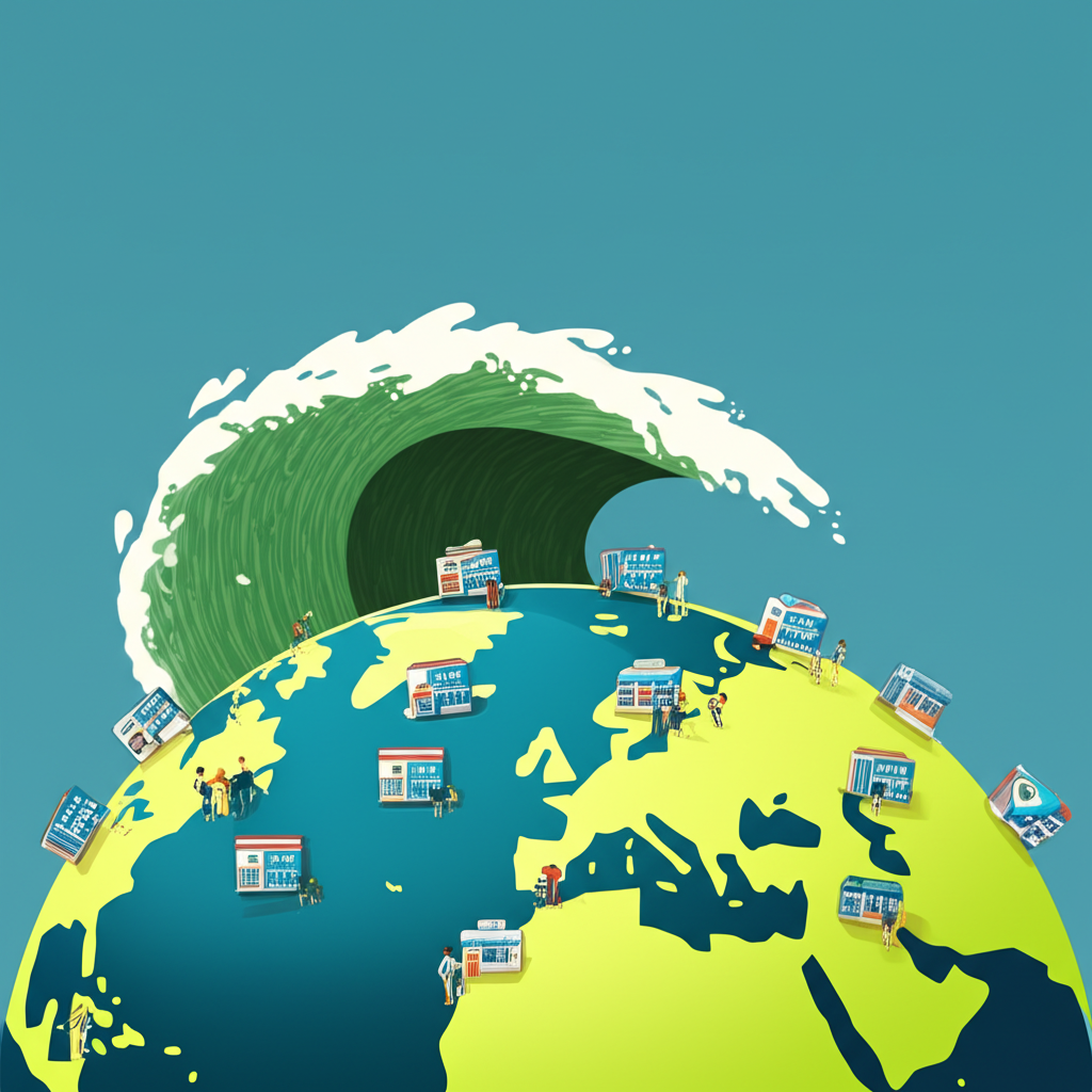 A dynamic illustration showing Walmart's $648.1 billion revenue as a massive money wave washing over a globe dotted with 10,500 stores and tiny figures representing 2.1 million employees